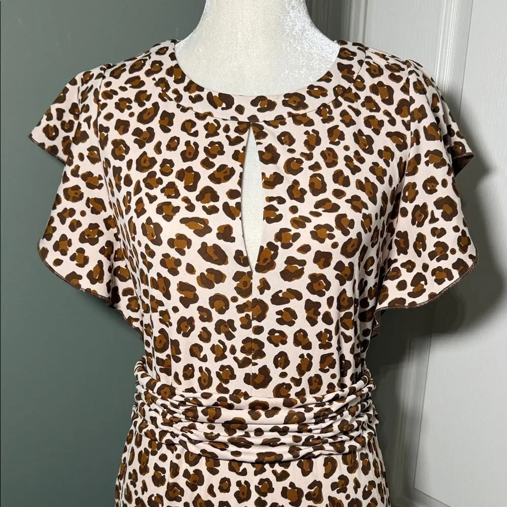 Tory Burch Leopard Print Flutter Sleeve Ruched Waist Dress Size S